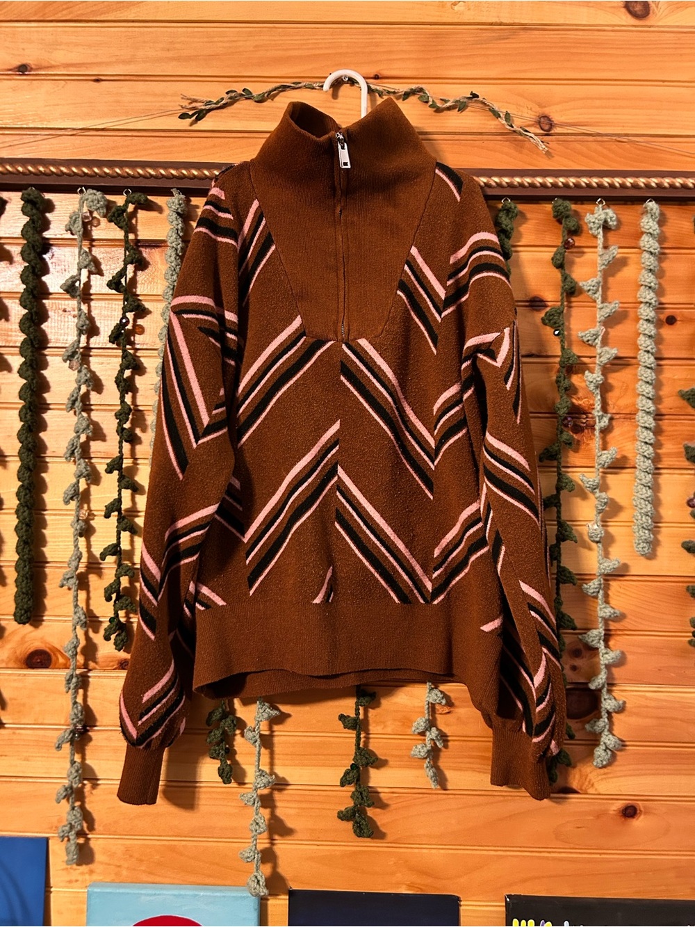 Nine West Brown Chevron Zip-Up Sweater with Pink Stripes